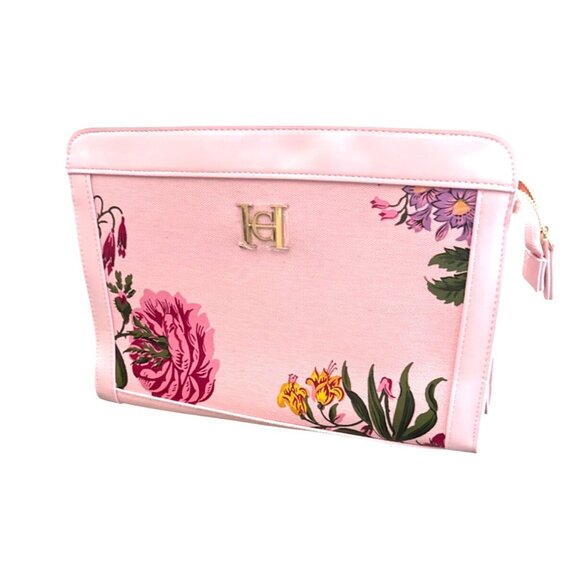Carolina Herrera Pink Floral Canvas Zippered Clutch Bag With Gold CH Logo Interi - Picture 1 of 7